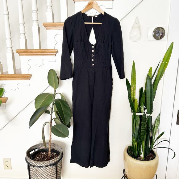 Free People Back Into It Jumpsuit Black Cotton Wide Leg Button Front Size XS - Picture 2 of 7